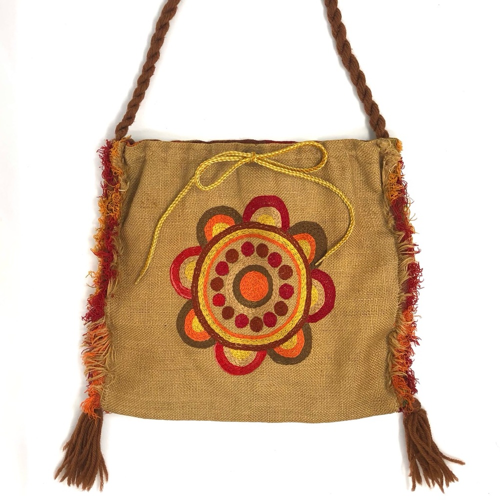 Handmade vintage jute and fabric lined tote / shoulder bag / purse